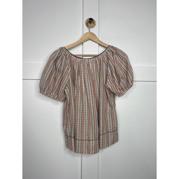 NEW The Great. Puff Sleeves Button Front The Porch Cotton Top Pastel Plaid - Picture 7 of 8